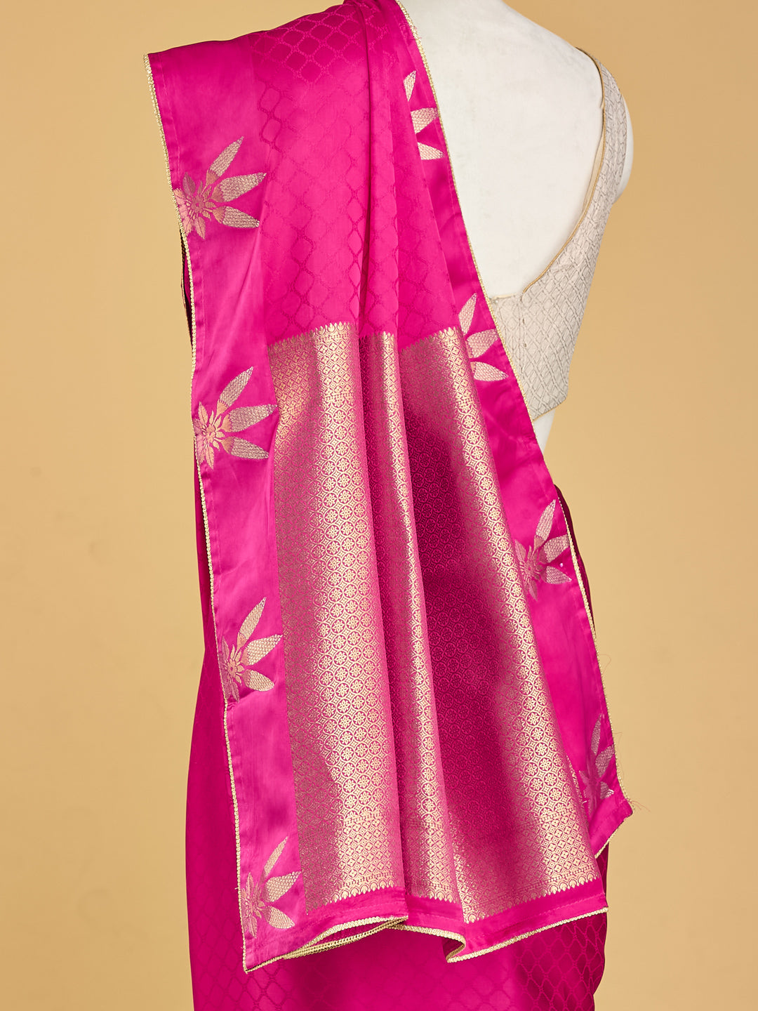 Radiant Pink Banarasi Saree with Golden Floral Motifs