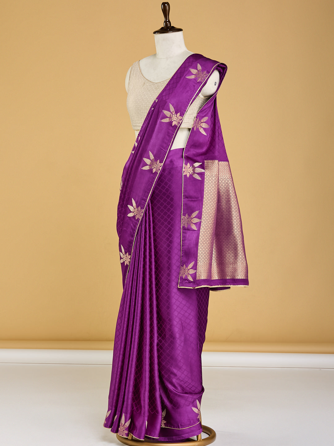Majestic Purple Banarasi Saree with Golden Floral Motifs