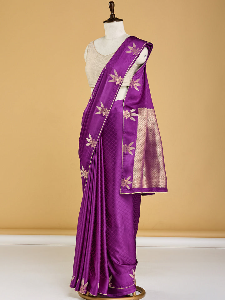 Majestic Purple Banarasi Saree with Golden Floral Motifs