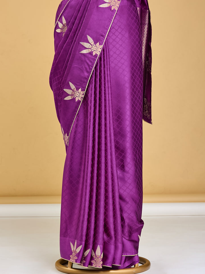 Majestic Purple Banarasi Saree with Golden Floral Motifs