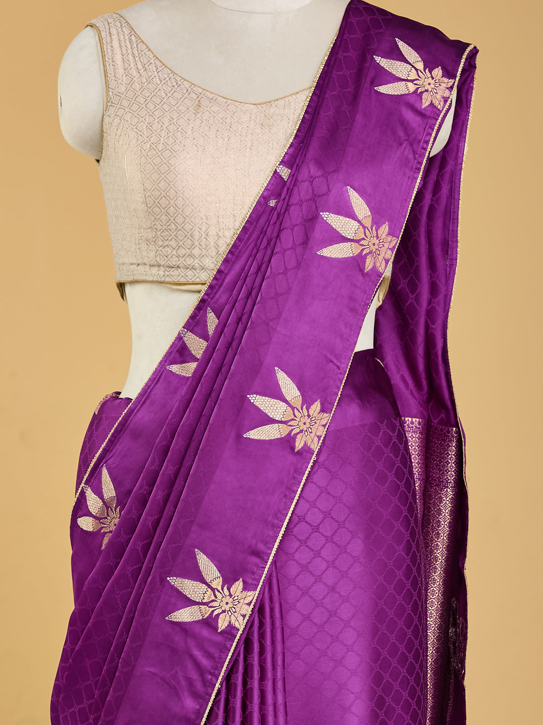 Majestic Purple Banarasi Saree with Golden Floral Motifs