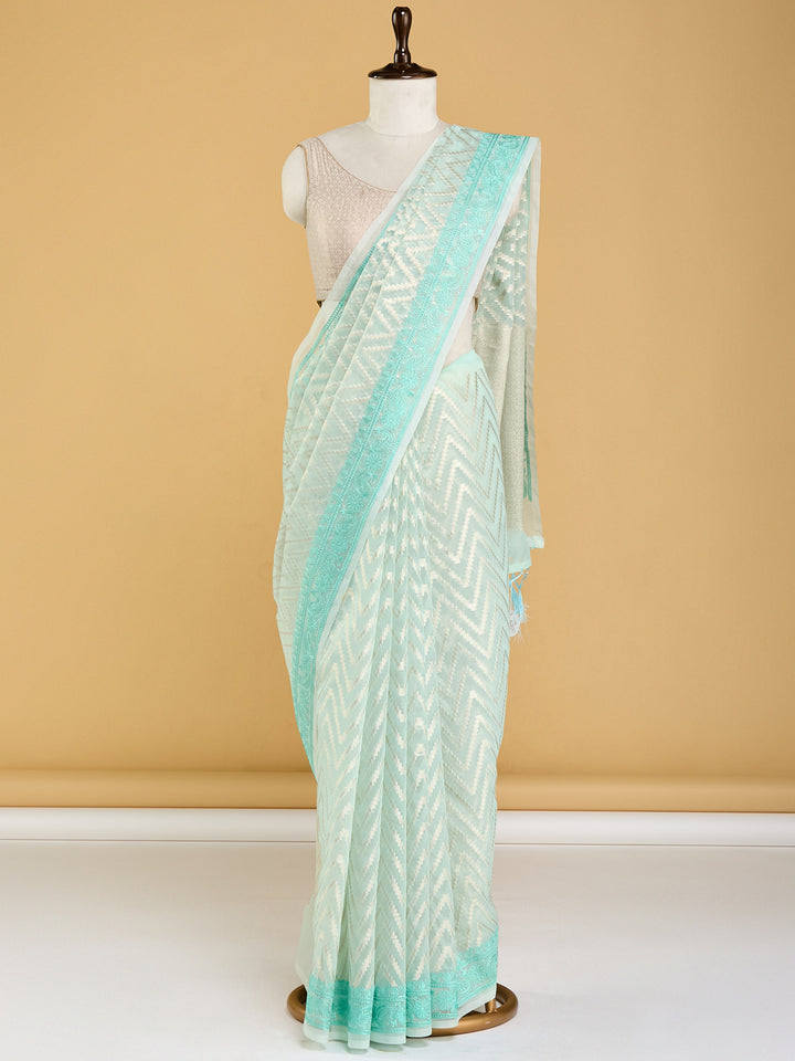 Ethereal Mint Green Banarasi Saree with Chevron Pattern