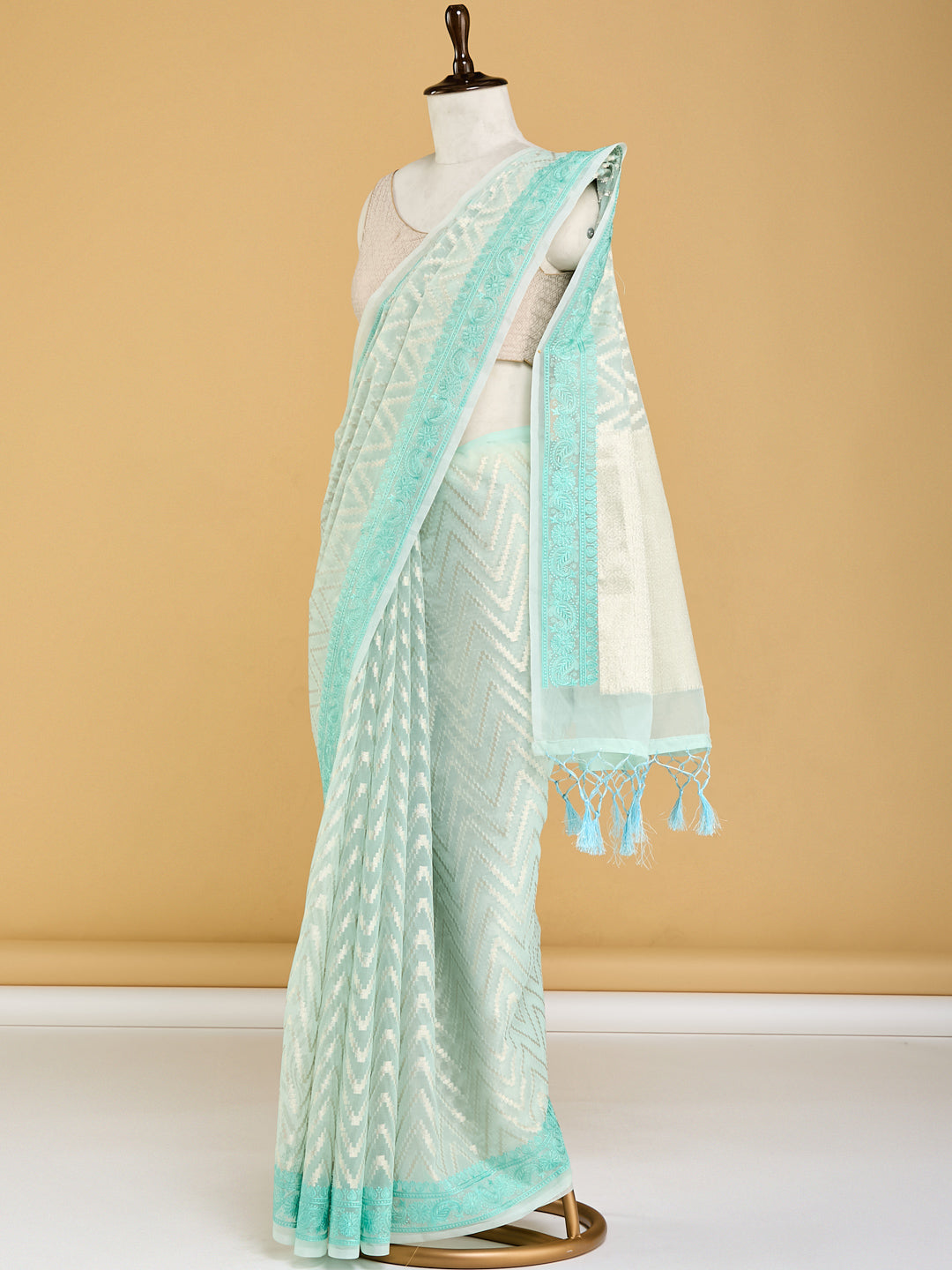 Ethereal Mint Green Banarasi Saree with Chevron Pattern