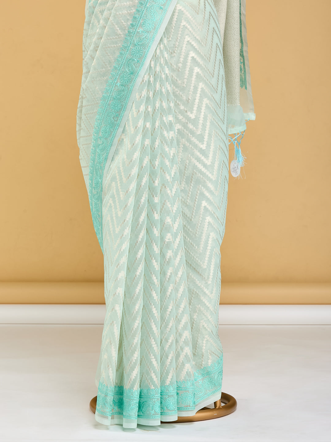 Ethereal Mint Green Banarasi Saree with Chevron Pattern