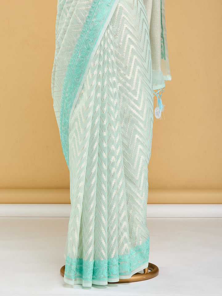 Ethereal Mint Green Banarasi Saree with Chevron Pattern
