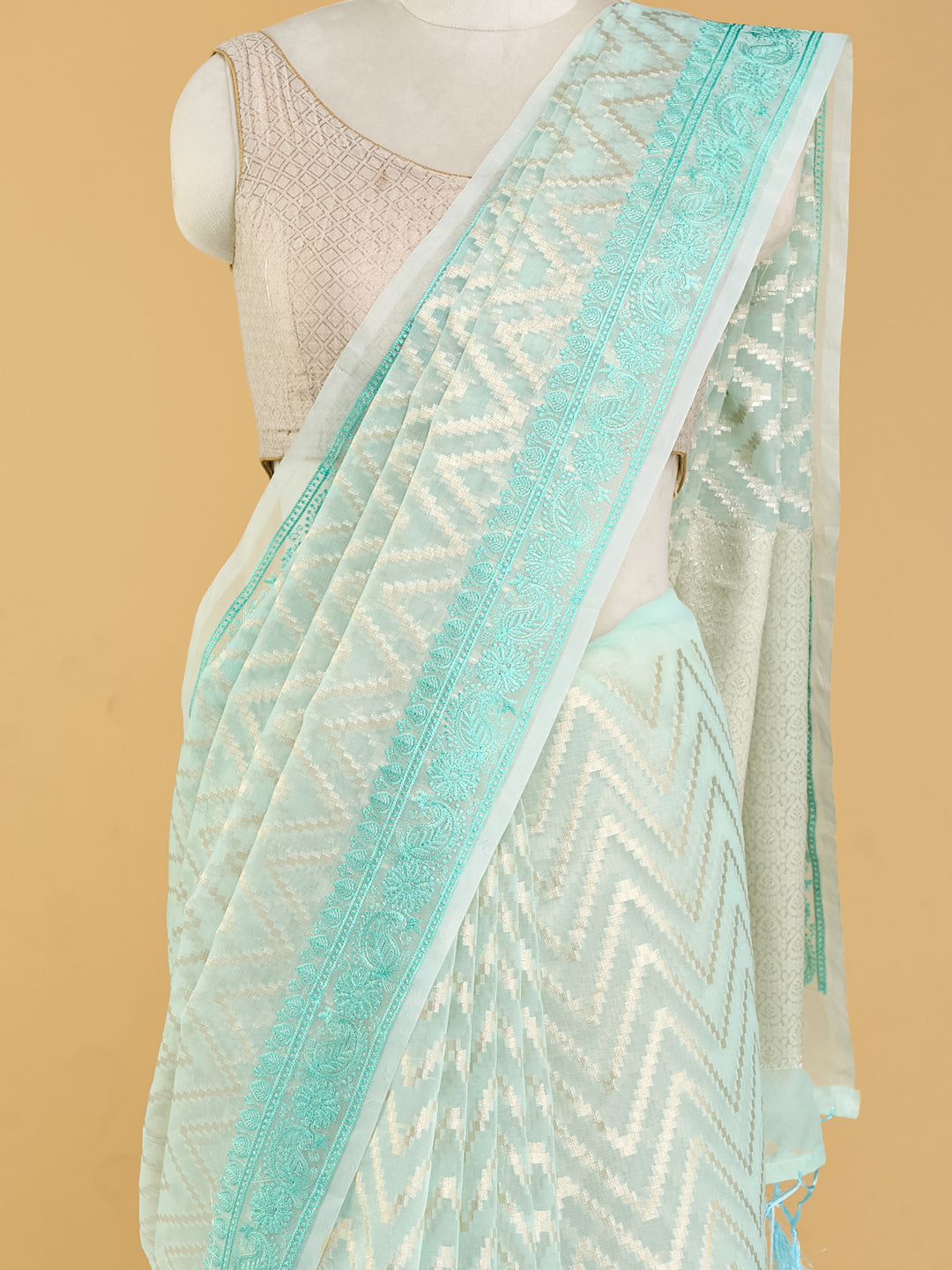 Ethereal Mint Green Banarasi Saree with Chevron Pattern