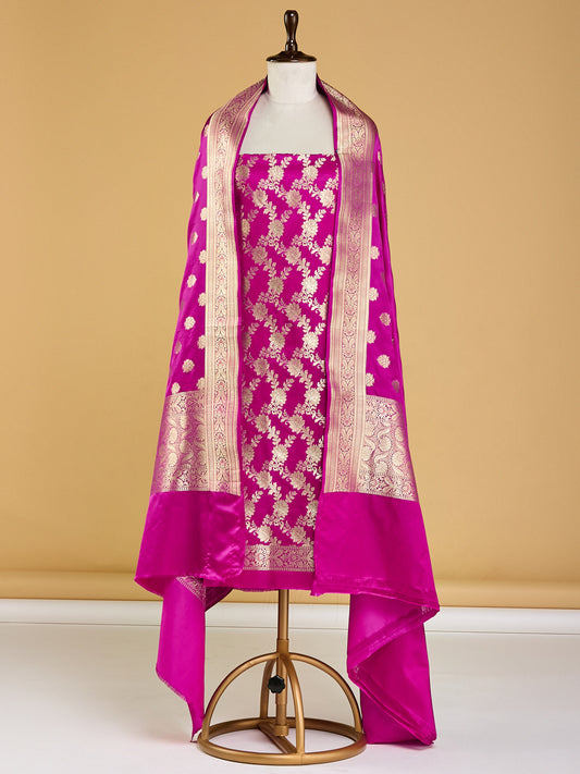 Rich Pink Banarasi Silk Suit Set with Intricate Golden Weave