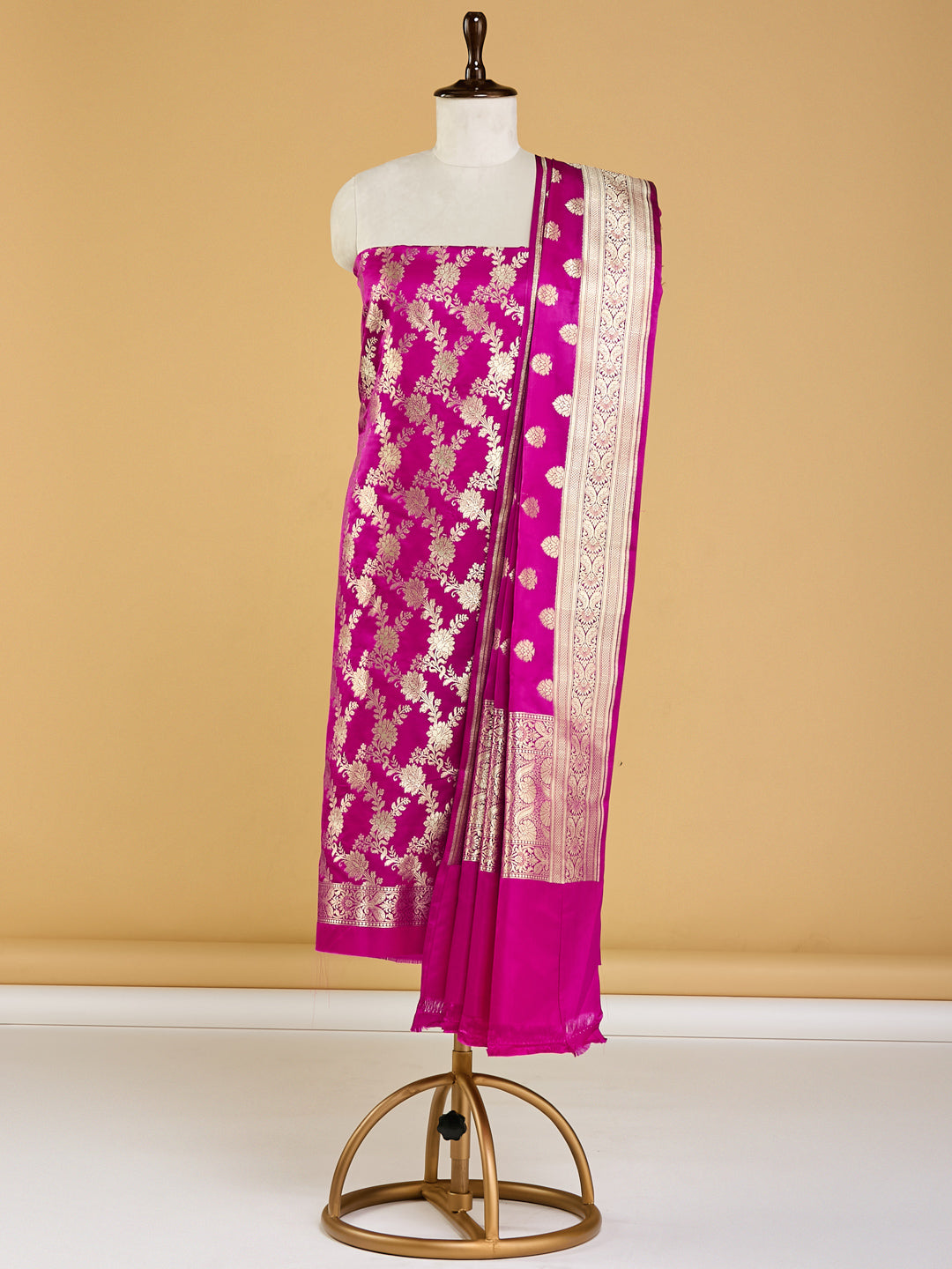 Rich Pink Banarasi Silk Suit Set with Intricate Golden Weave