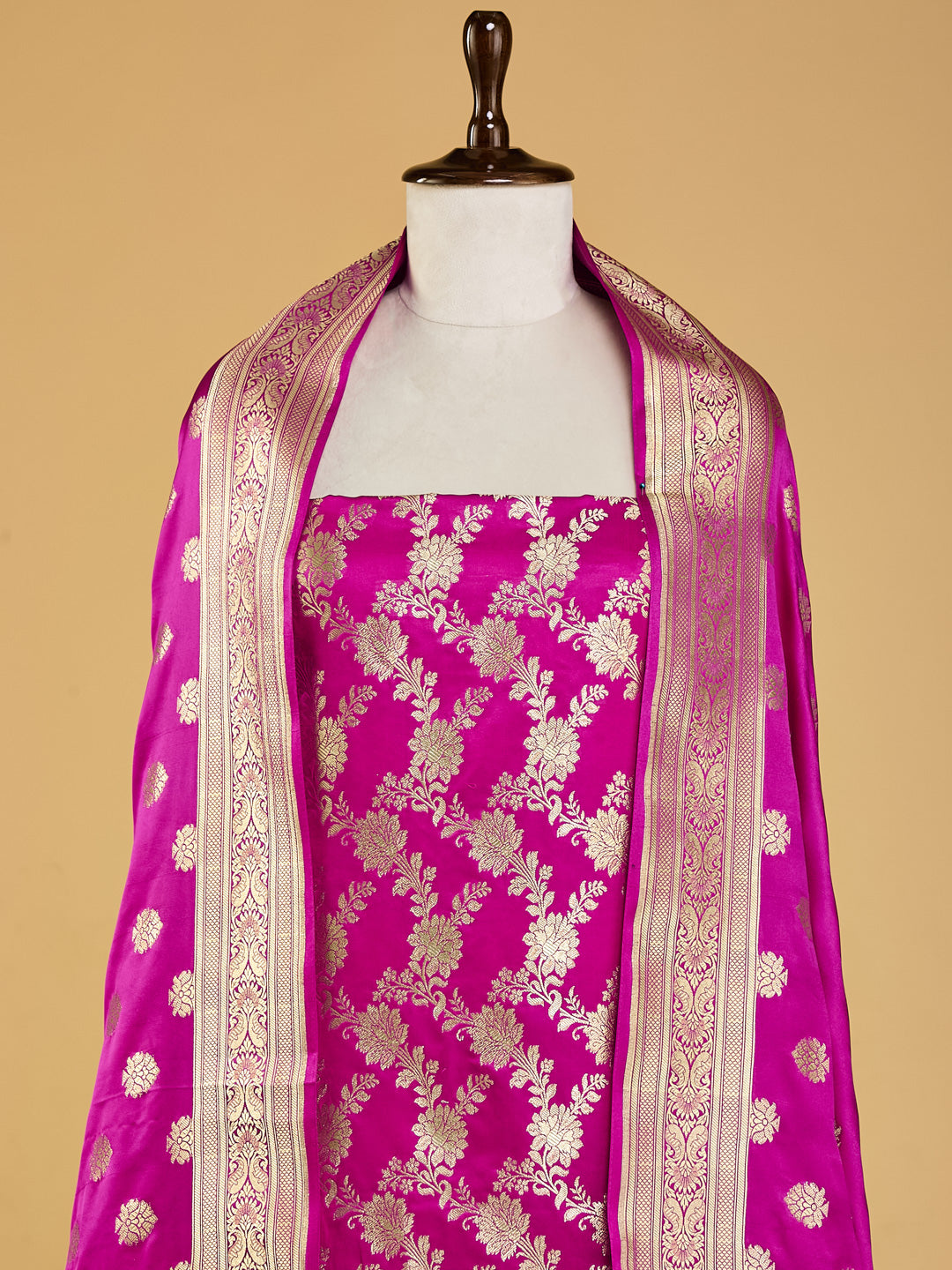 Rich Pink Banarasi Silk Suit Set with Intricate Golden Weave