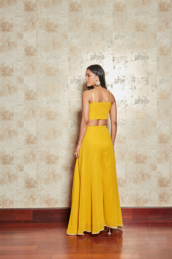 MUSTARD FLORAL EMBROIDERD JACKET SET WITH BLOUSE AND PANTS