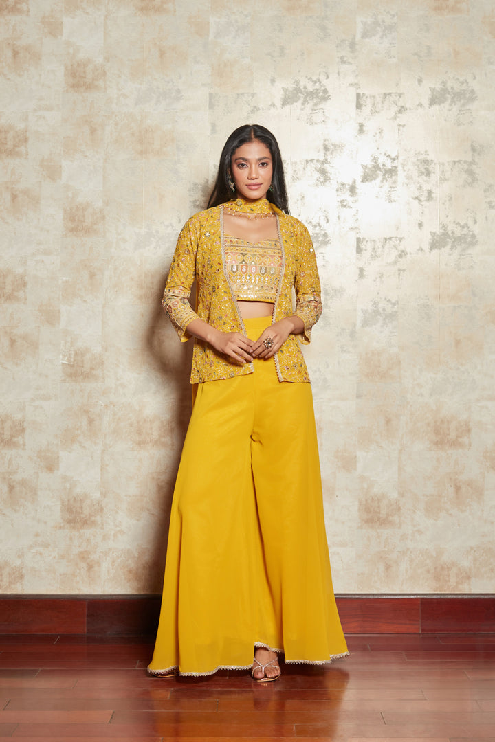 MUSTARD FLORAL EMBROIDERD JACKET SET WITH BLOUSE AND PANTS