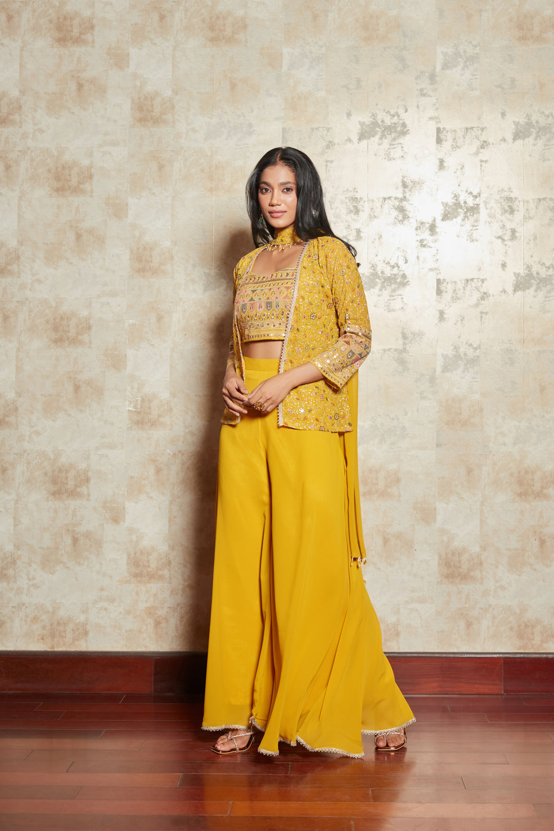 MUSTARD FLORAL EMBROIDERD JACKET SET WITH BLOUSE AND PANTS