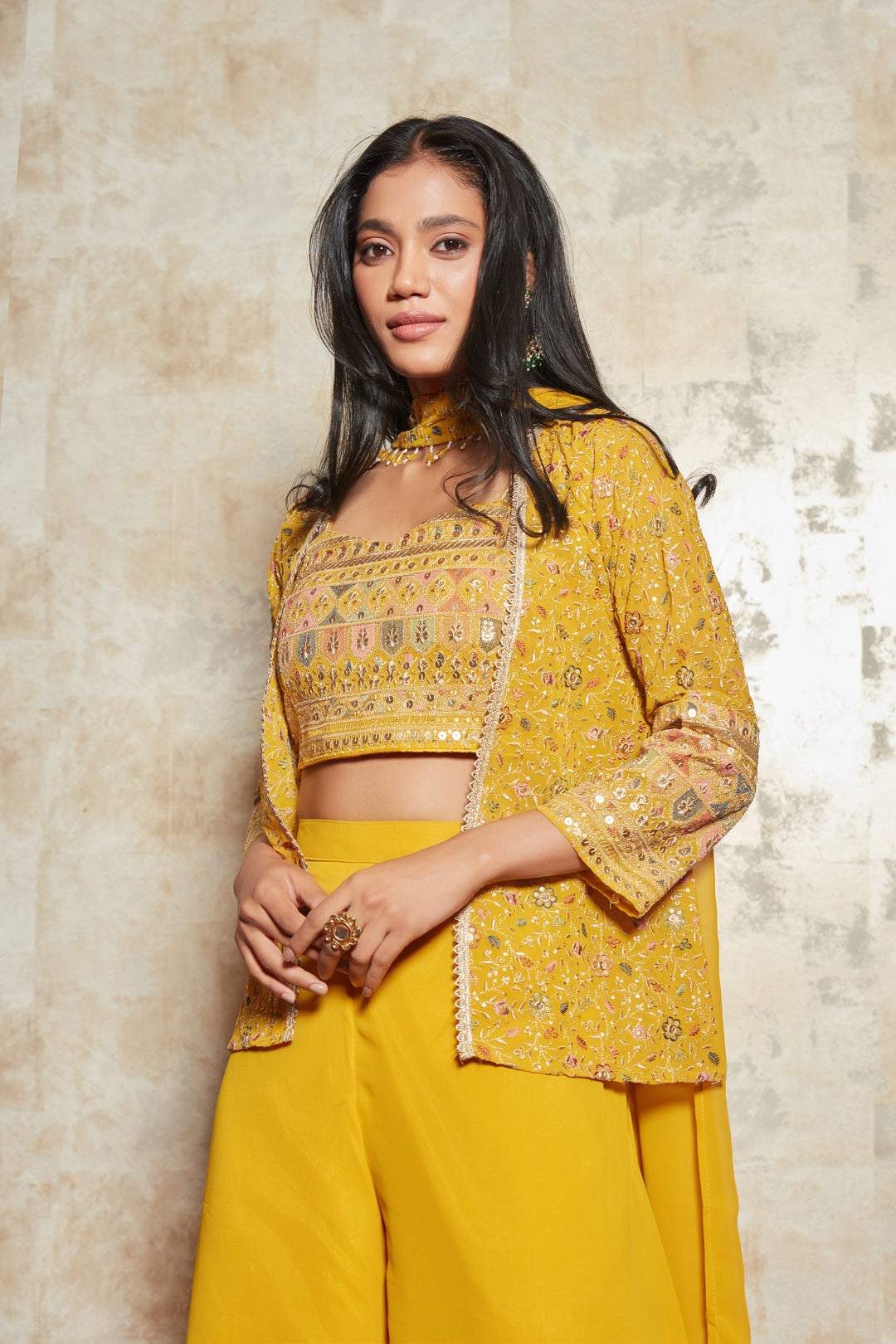 MUSTARD FLORAL EMBROIDERD JACKET SET WITH BLOUSE AND PANTS