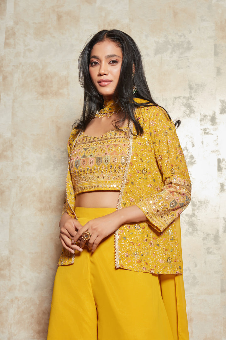 MUSTARD FLORAL EMBROIDERD JACKET SET WITH BLOUSE AND PANTS