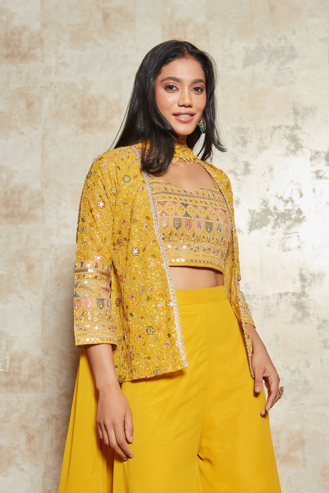 MUSTARD FLORAL EMBROIDERD JACKET SET WITH BLOUSE AND PANTS