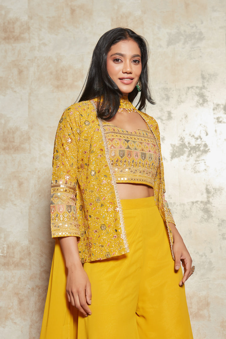 MUSTARD FLORAL EMBROIDERD JACKET SET WITH BLOUSE AND PANTS