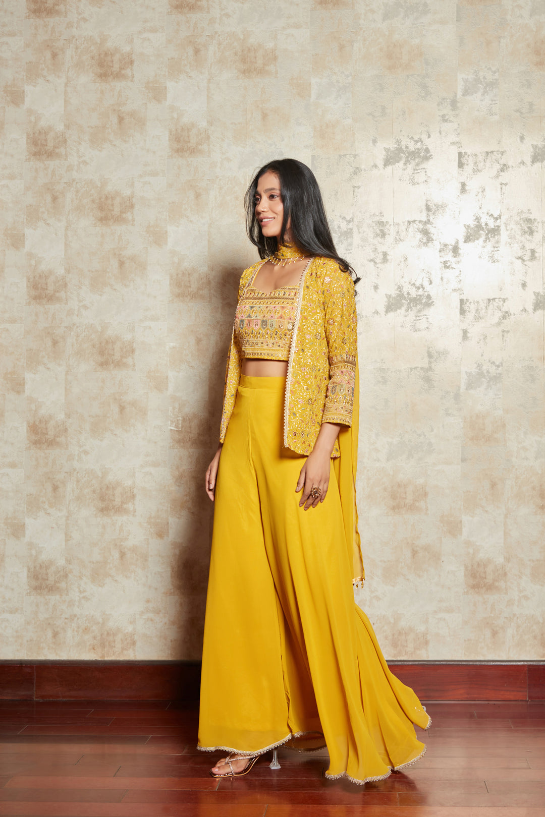 MUSTARD FLORAL EMBROIDERD JACKET SET WITH BLOUSE AND PANTS