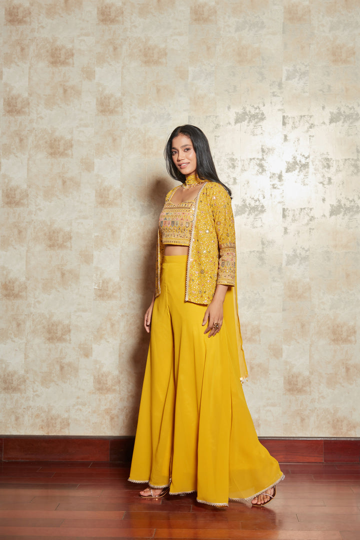MUSTARD FLORAL EMBROIDERD JACKET SET WITH BLOUSE AND PANTS