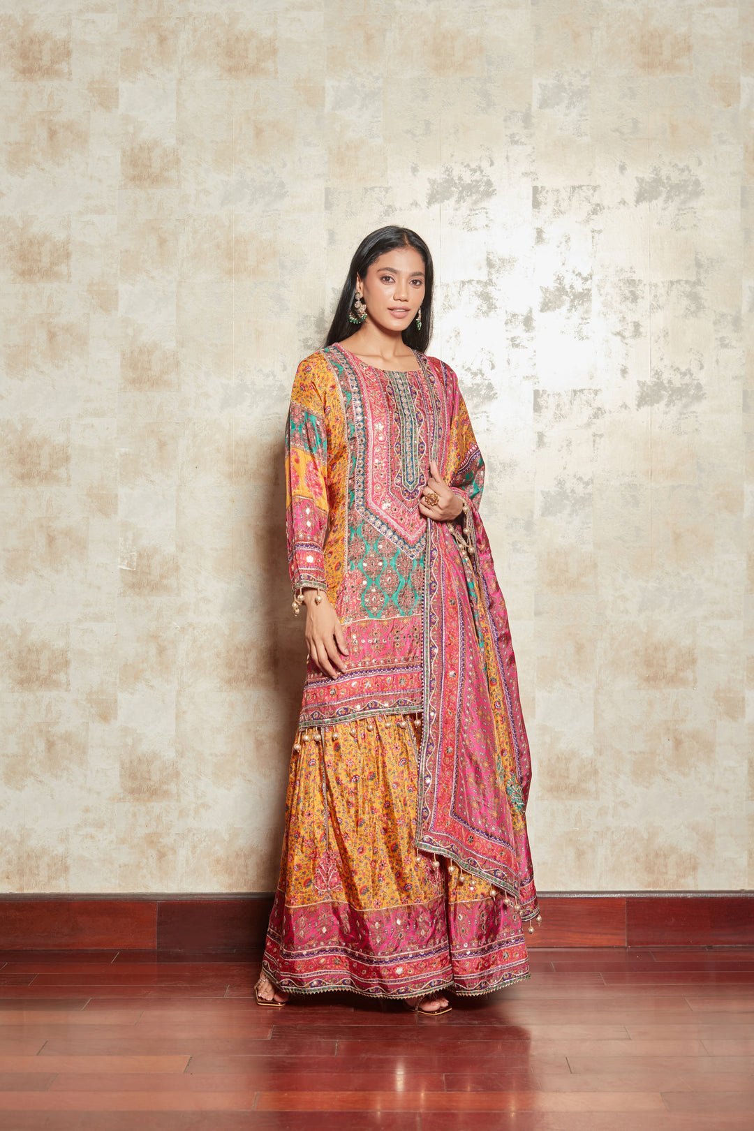 MOTIFS PRINTED MIRROR WORK KURTA WITH SHARARA SET