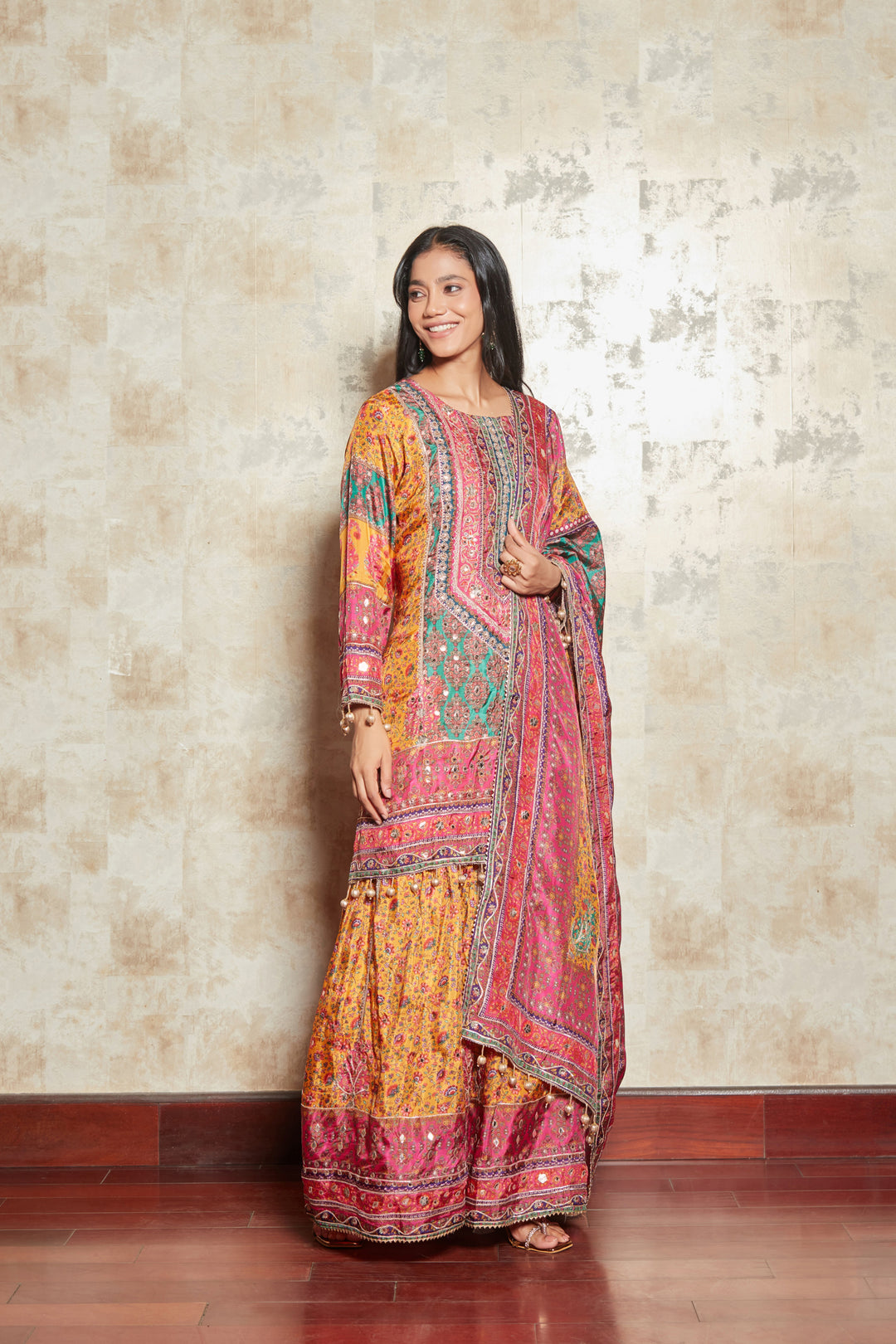 MOTIFS PRINTED MIRROR WORK KURTA WITH SHARARA SET
