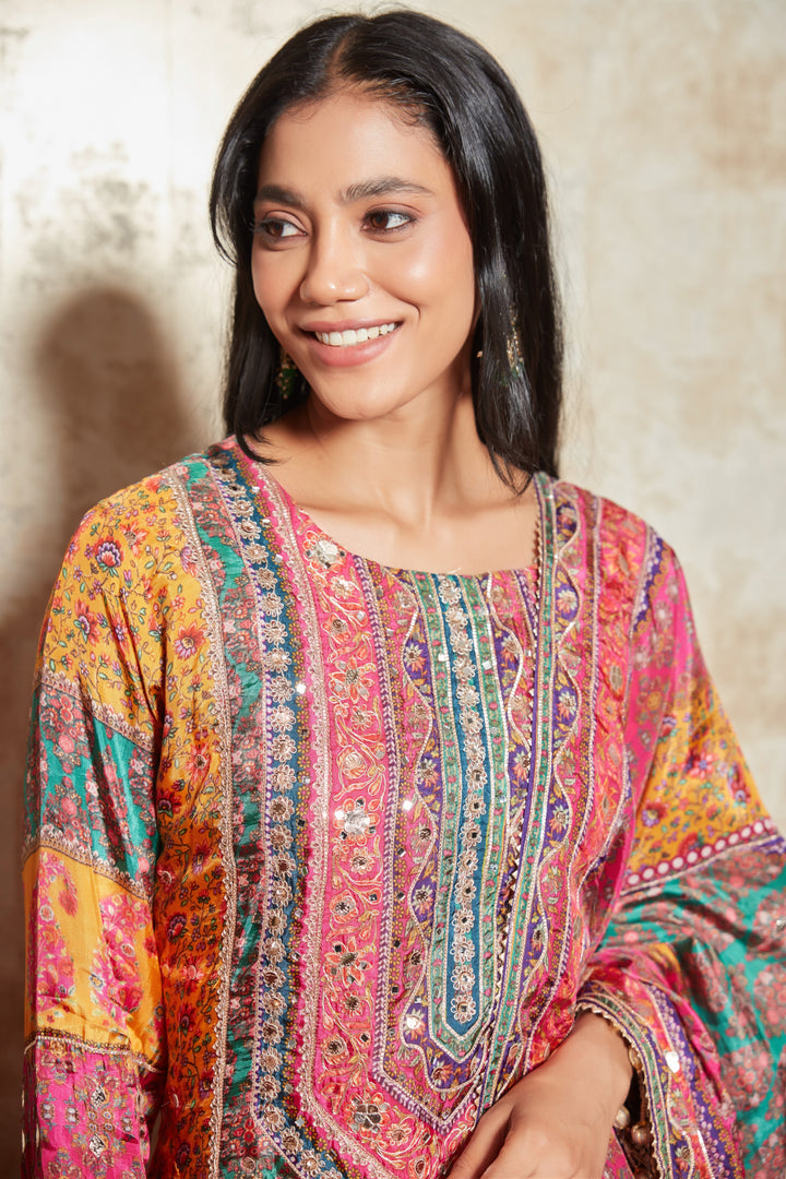 MOTIFS PRINTED MIRROR WORK KURTA WITH SHARARA SET