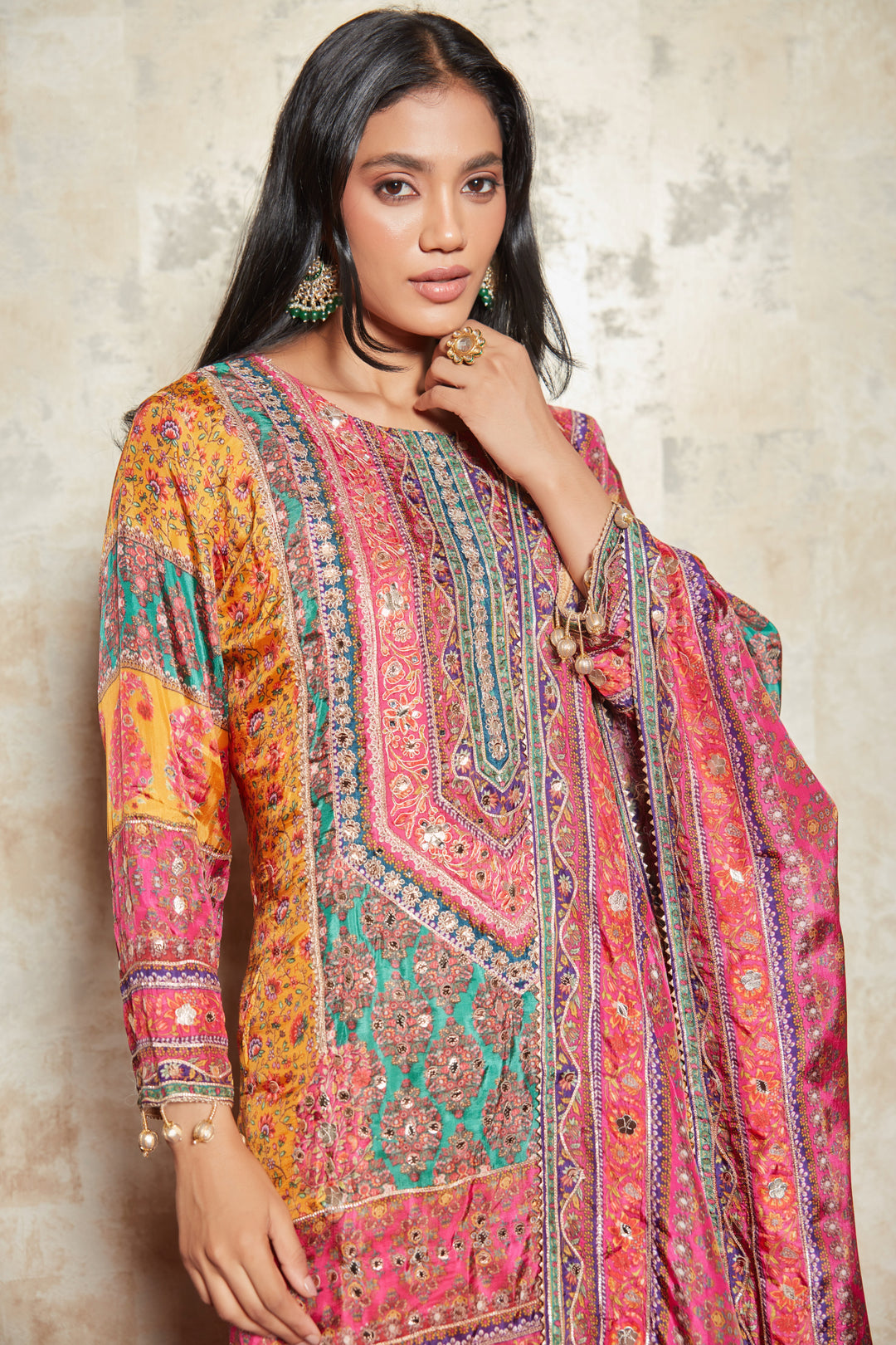 MOTIFS PRINTED MIRROR WORK KURTA WITH SHARARA SET