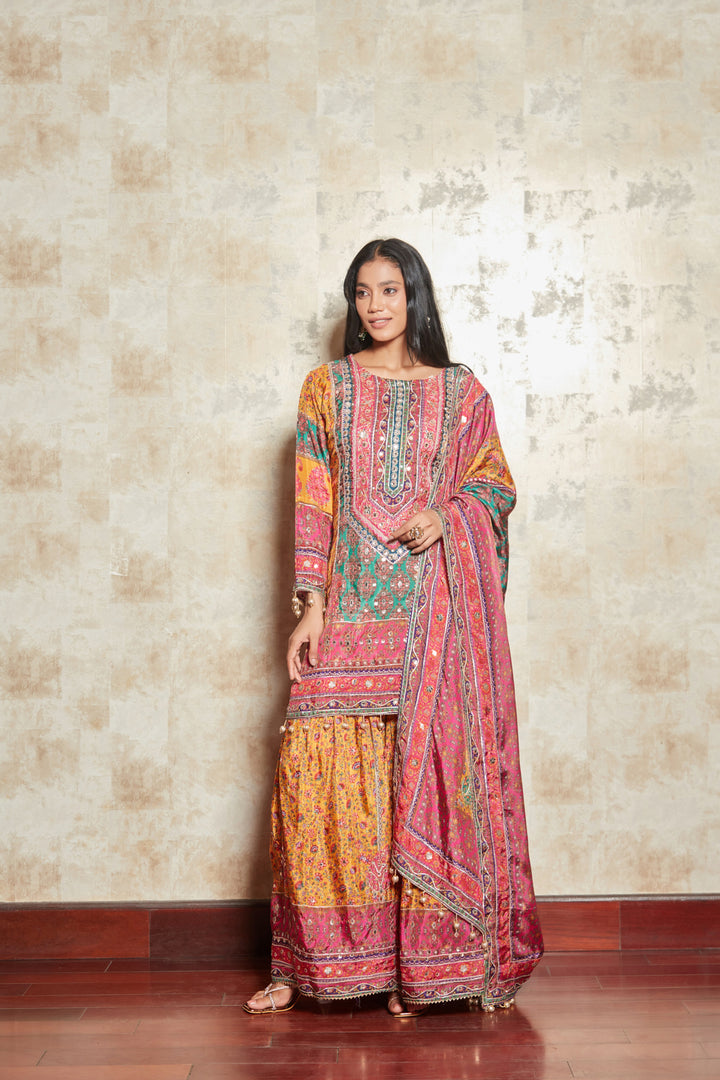 MOTIFS PRINTED MIRROR WORK KURTA WITH SHARARA SET