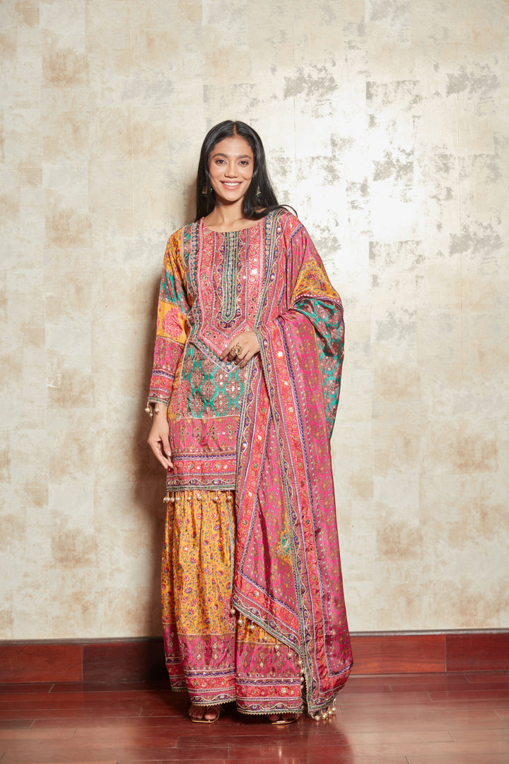 MOTIFS PRINTED MIRROR WORK KURTA WITH SHARARA SET