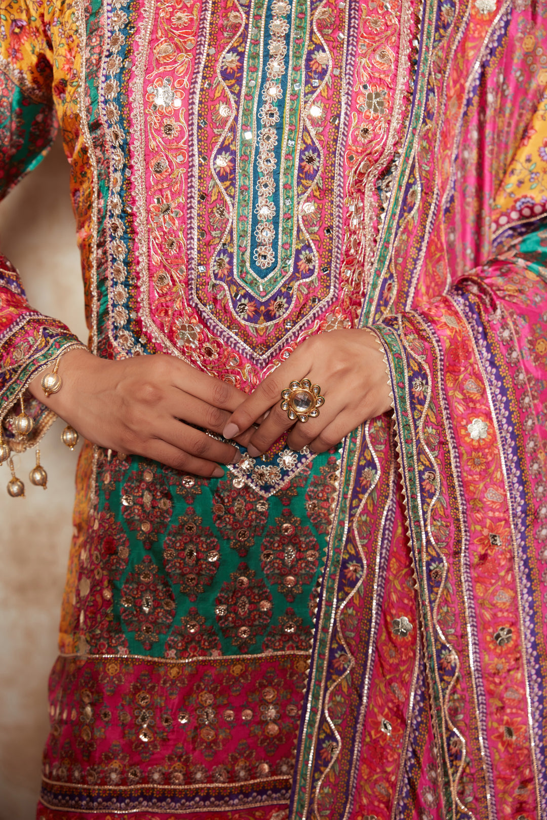 MOTIFS PRINTED MIRROR WORK KURTA WITH SHARARA SET