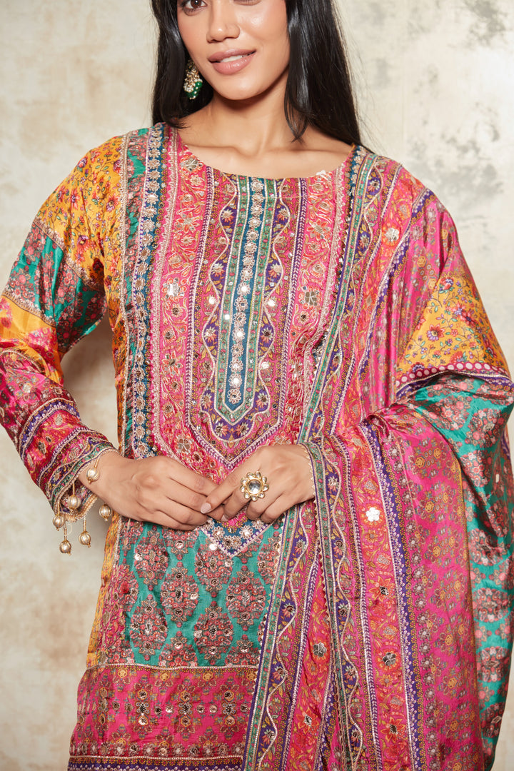 MOTIFS PRINTED MIRROR WORK KURTA WITH SHARARA SET
