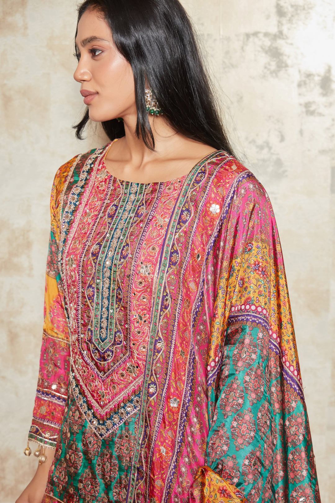 MOTIFS PRINTED MIRROR WORK KURTA WITH SHARARA SET