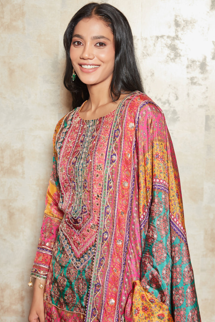 MOTIFS PRINTED MIRROR WORK KURTA WITH SHARARA SET