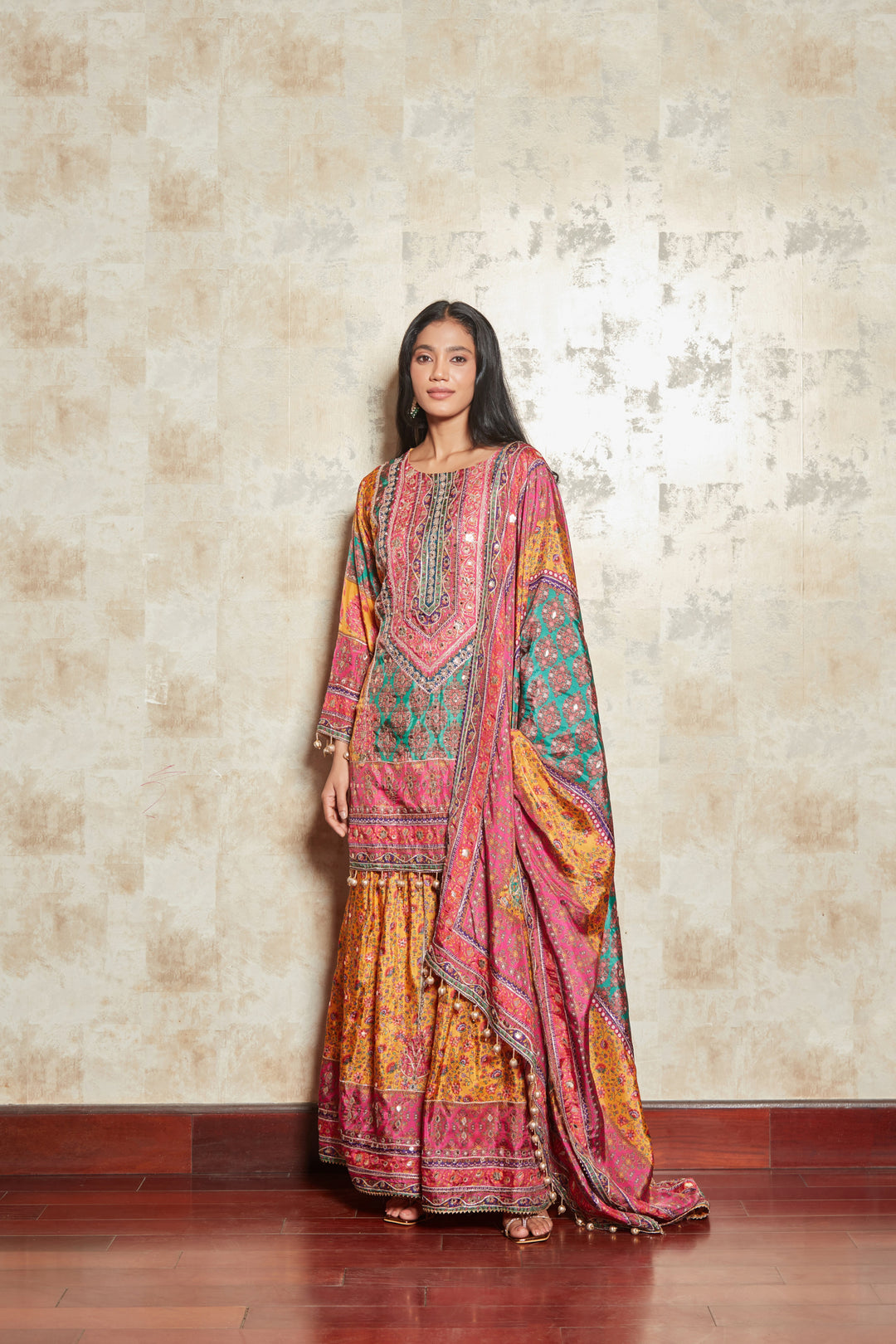 MOTIFS PRINTED MIRROR WORK KURTA WITH SHARARA SET