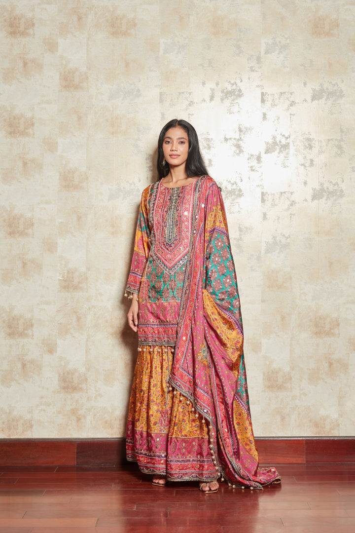 MOTIFS PRINTED MIRROR WORK KURTA WITH SHARARA SET