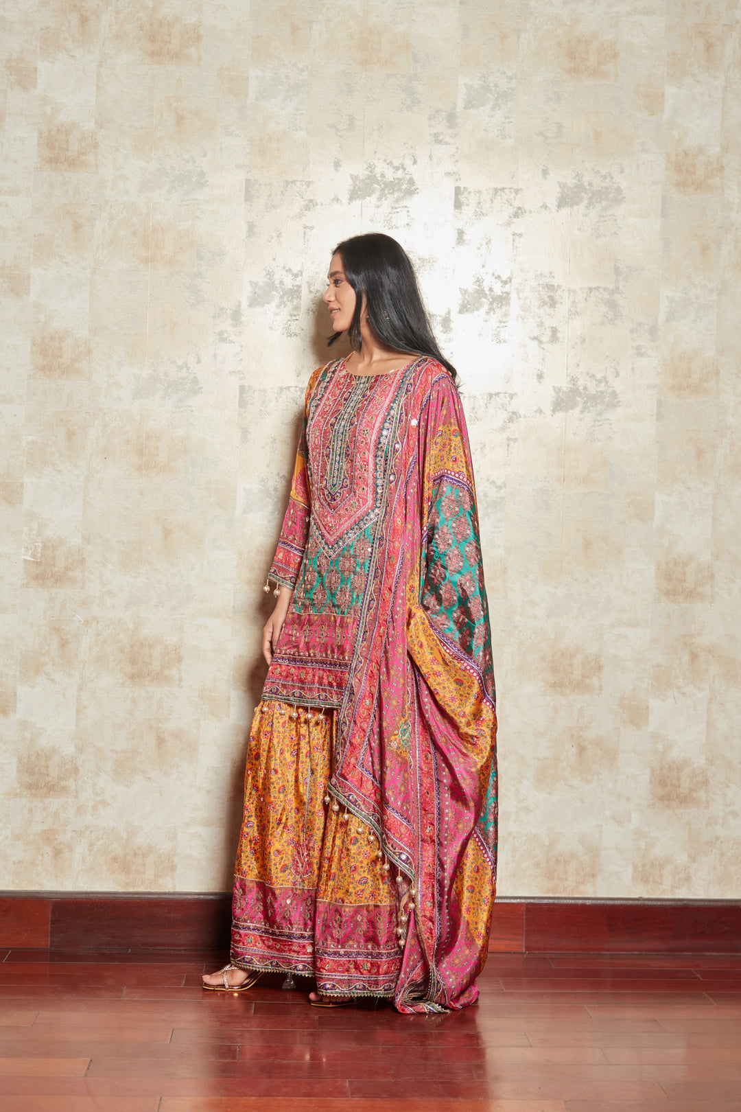 MOTIFS PRINTED MIRROR WORK KURTA WITH SHARARA SET