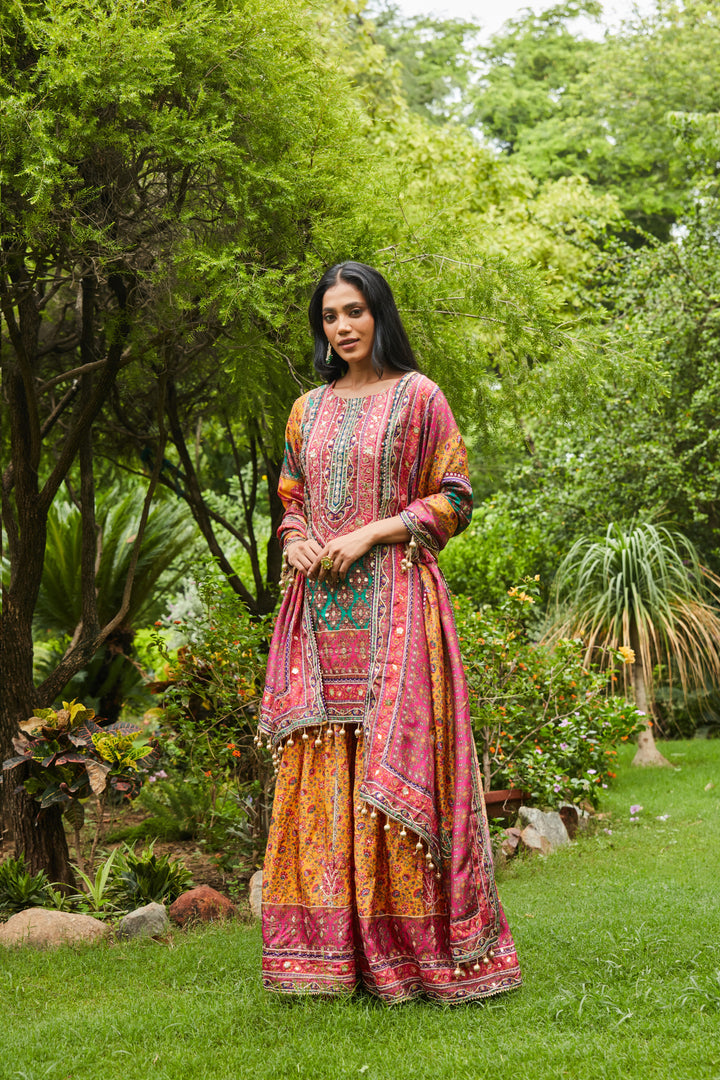 MOTIFS PRINTED MIRROR WORK KURTA WITH SHARARA SET