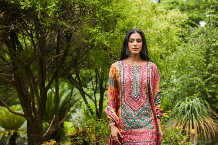 MOTIFS PRINTED MIRROR WORK KURTA WITH SHARARA SET