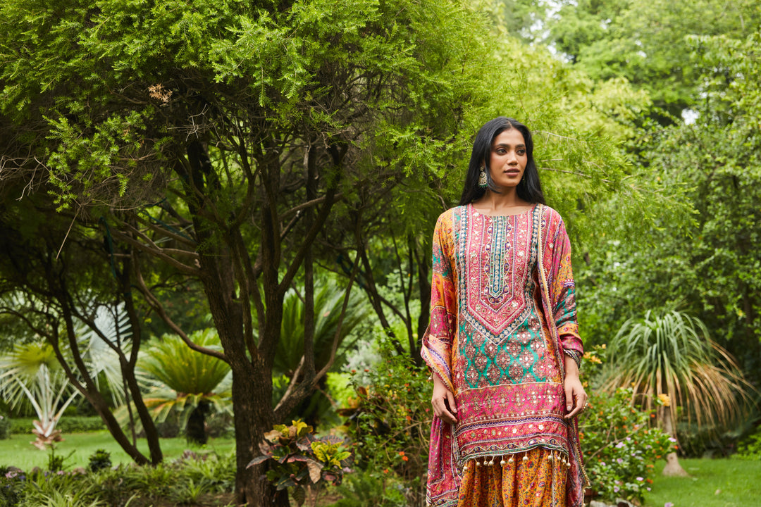 MOTIFS PRINTED MIRROR WORK KURTA WITH SHARARA SET