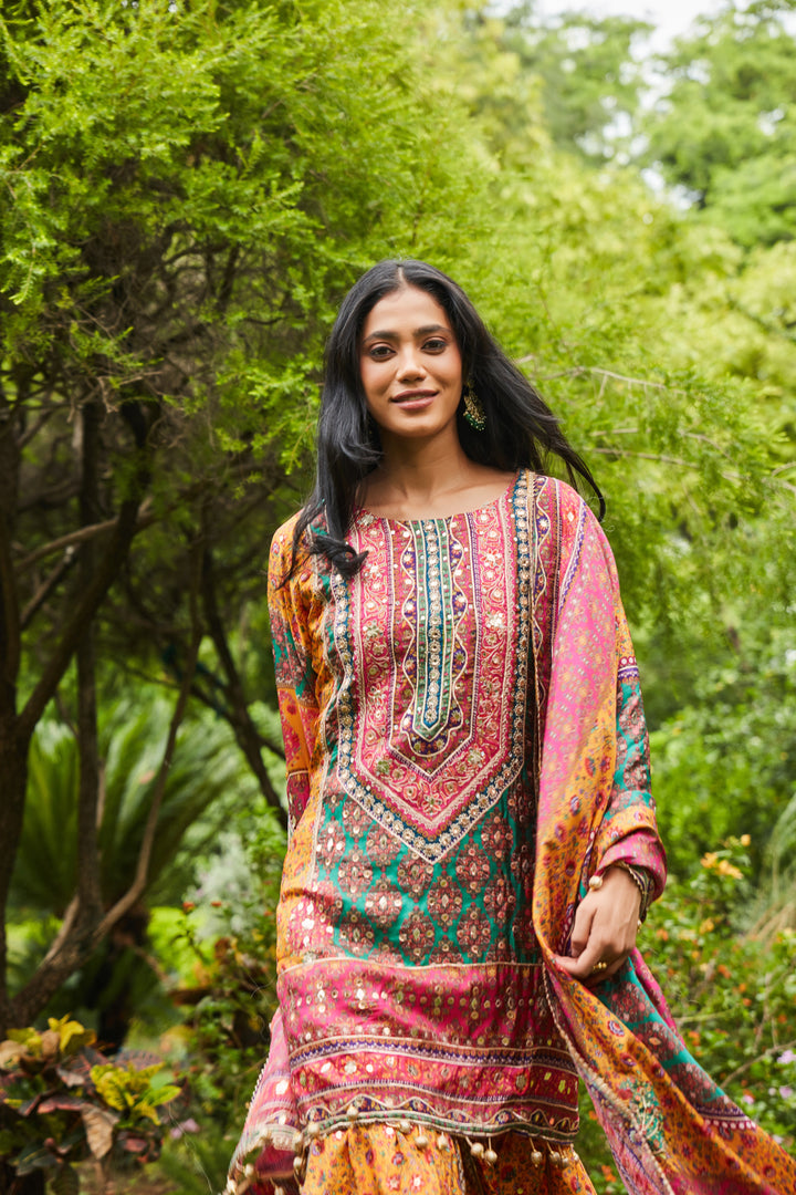 MOTIFS PRINTED MIRROR WORK KURTA WITH SHARARA SET