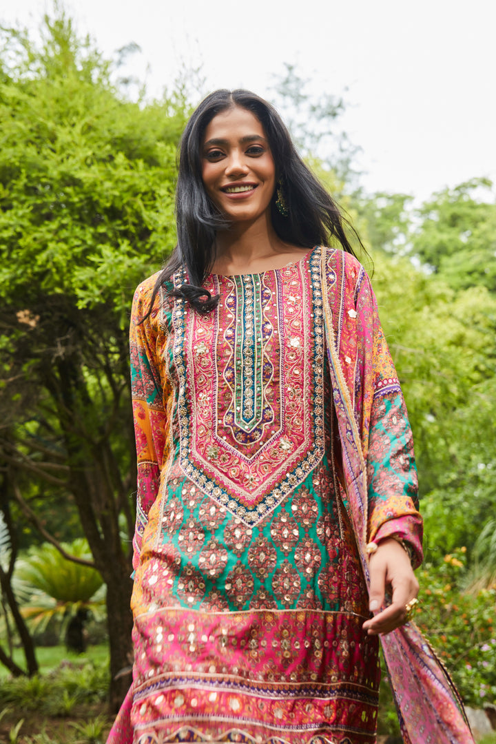 MOTIFS PRINTED MIRROR WORK KURTA WITH SHARARA SET
