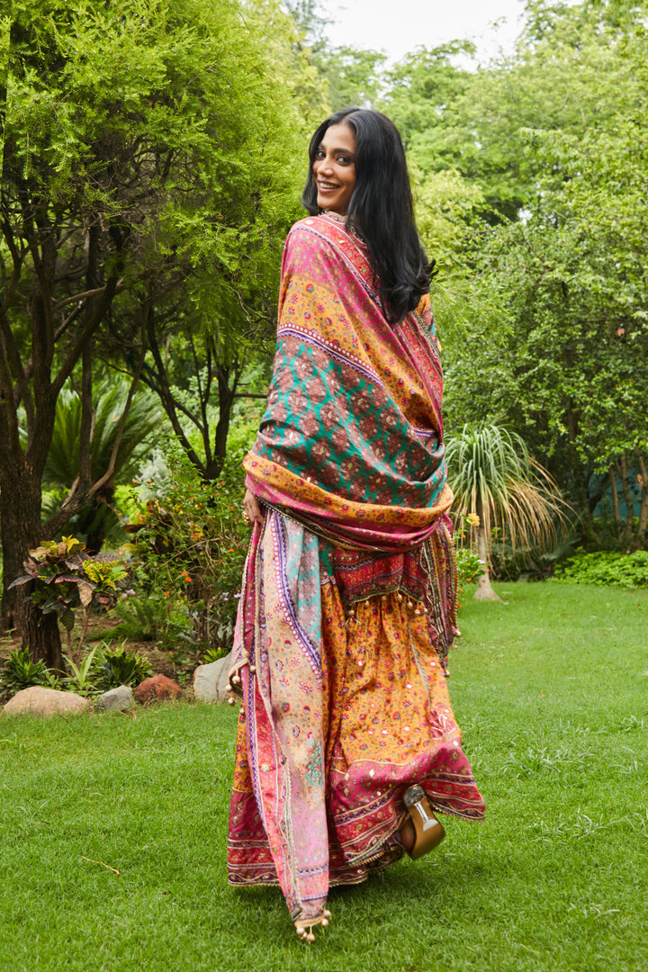 MOTIFS PRINTED MIRROR WORK KURTA WITH SHARARA SET