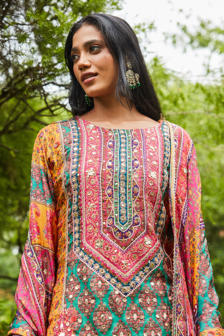 MOTIFS PRINTED MIRROR WORK KURTA WITH SHARARA SET