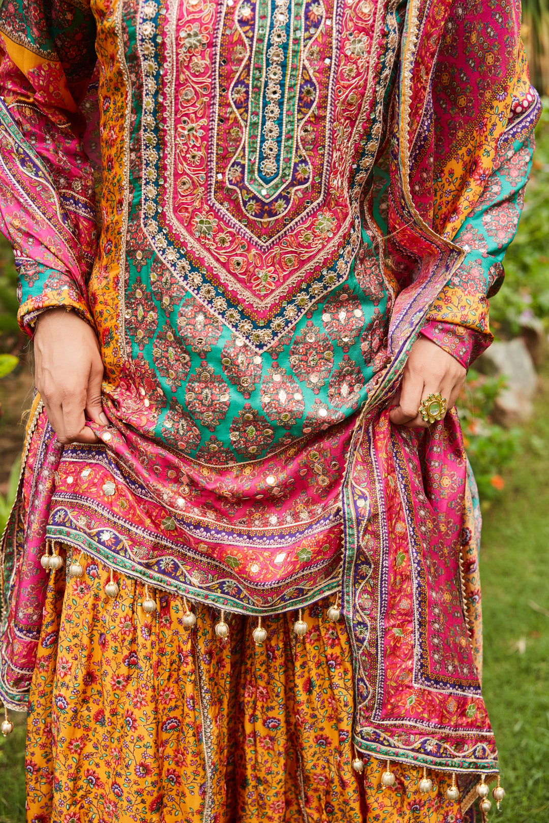 MOTIFS PRINTED MIRROR WORK KURTA WITH SHARARA SET