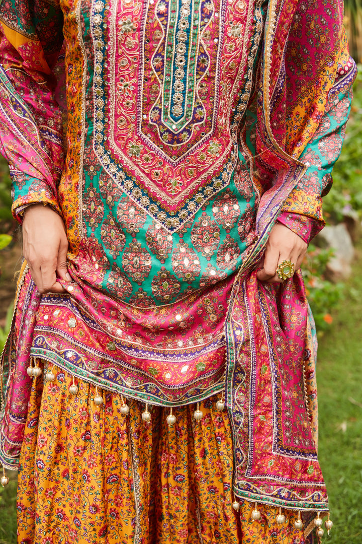 MOTIFS PRINTED MIRROR WORK KURTA WITH SHARARA SET