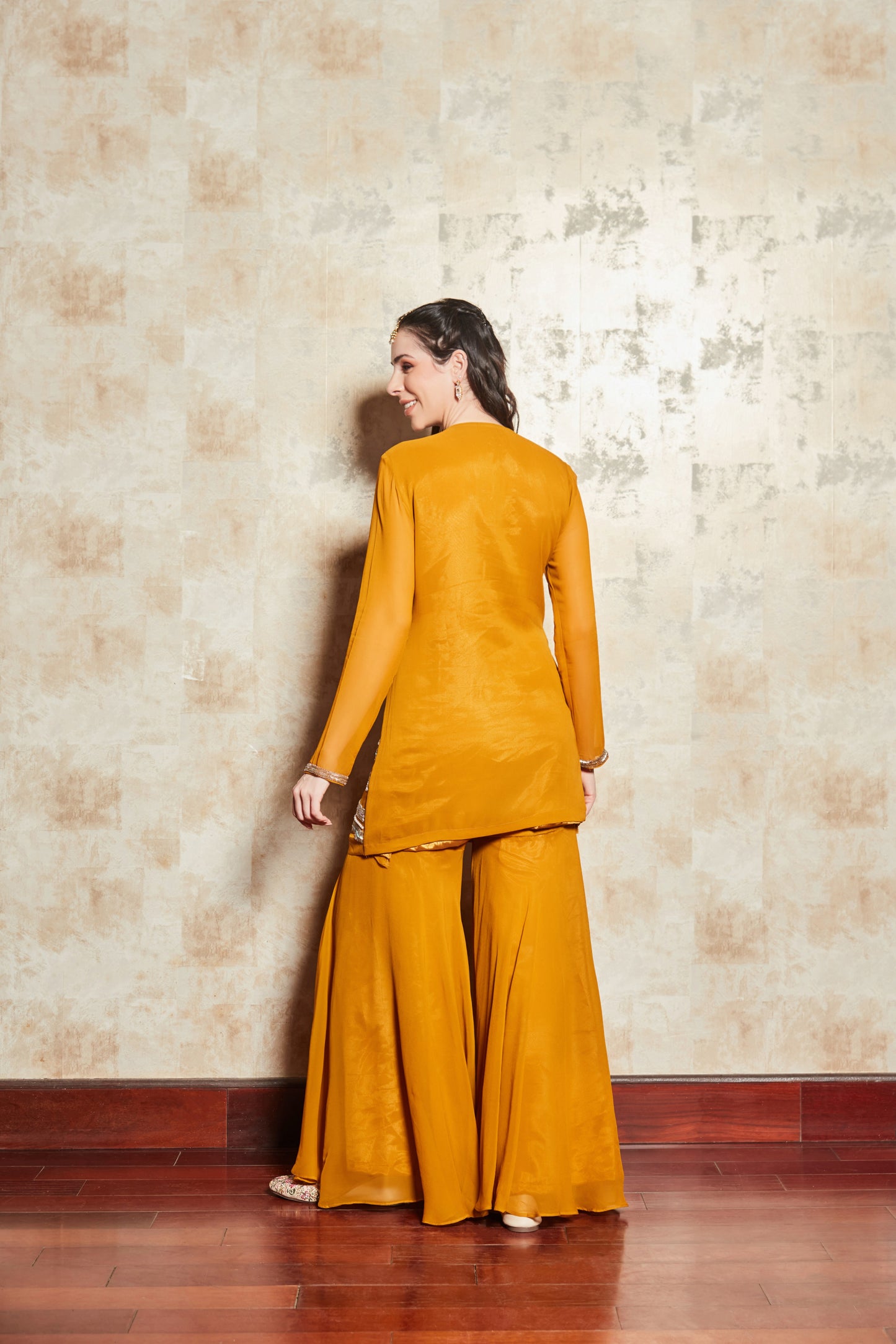 CREPE MUSTARD SHARARA SET