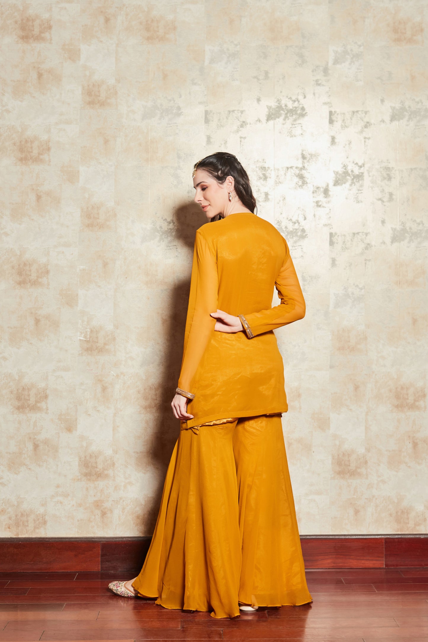 CREPE MUSTARD SHARARA SET