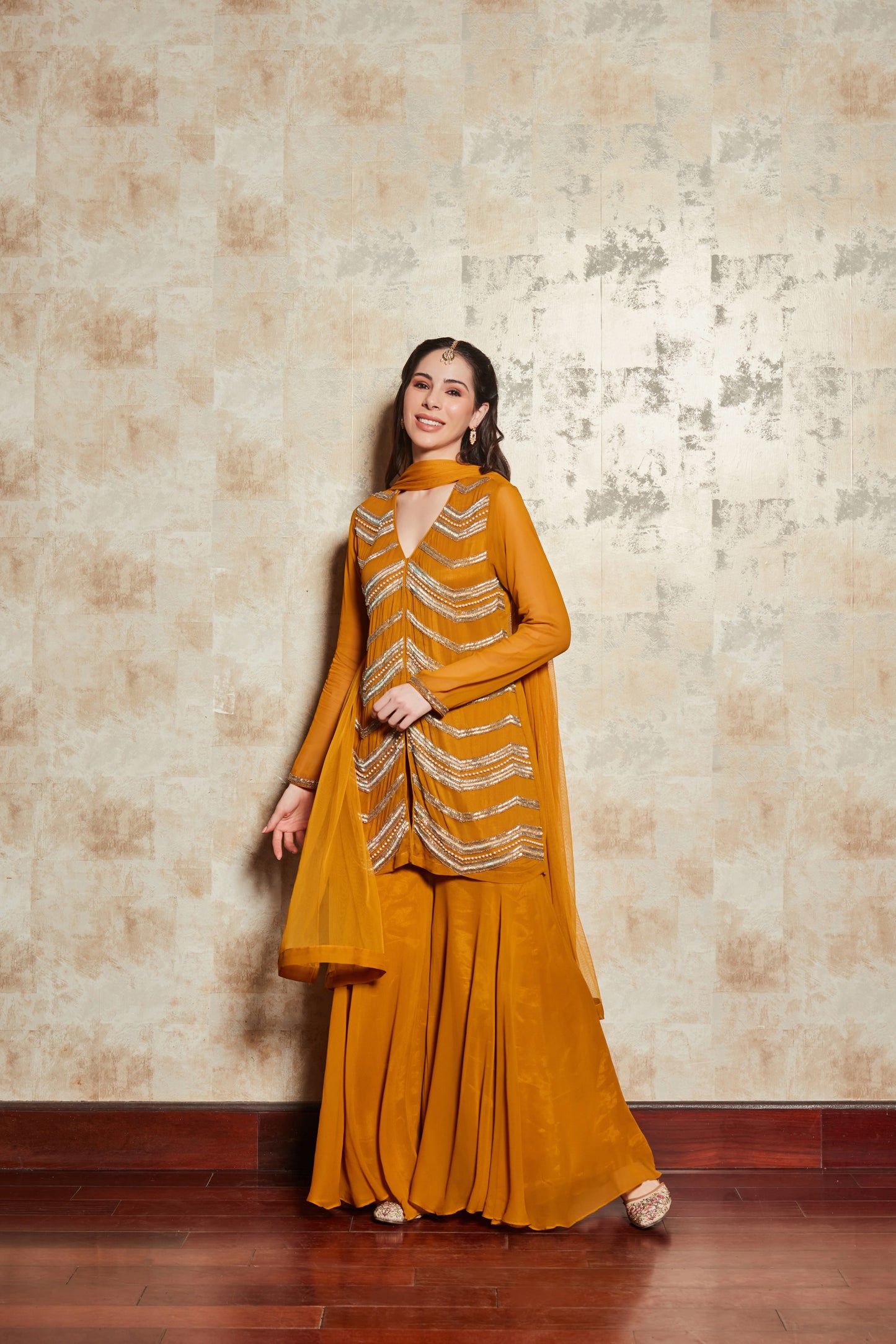 CREPE MUSTARD SHARARA SET