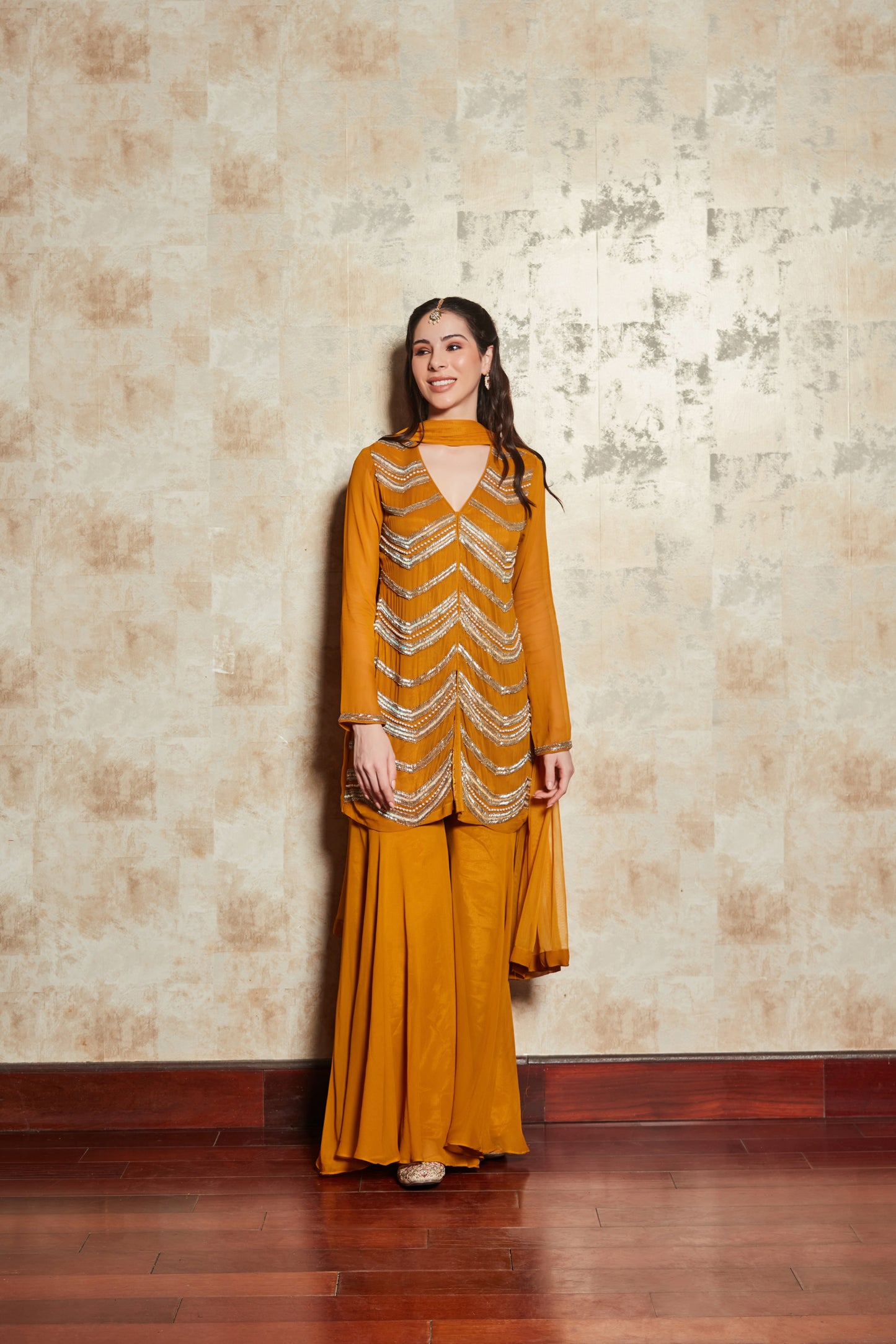 CREPE MUSTARD SHARARA SET