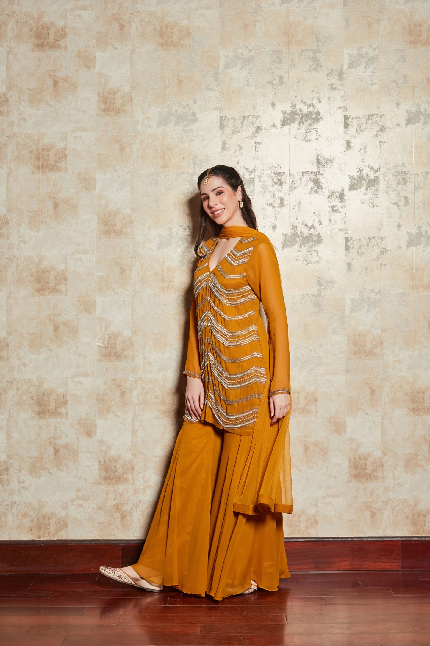 CREPE MUSTARD SHARARA SET