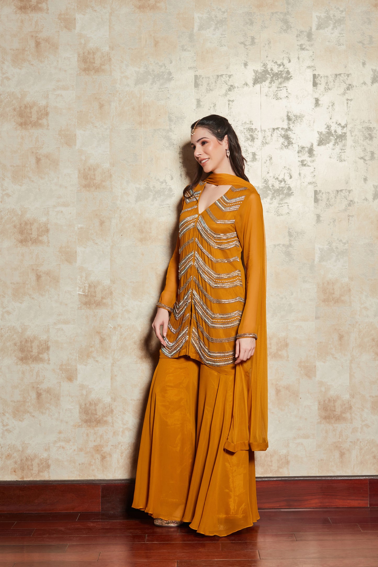 CREPE MUSTARD SHARARA SET